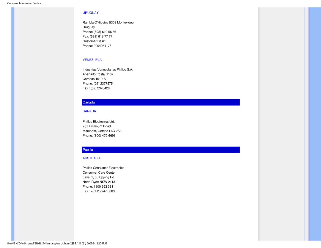 Philips 1.92E+03 user manual Uruguay, Venezuela, Canada, Australia 