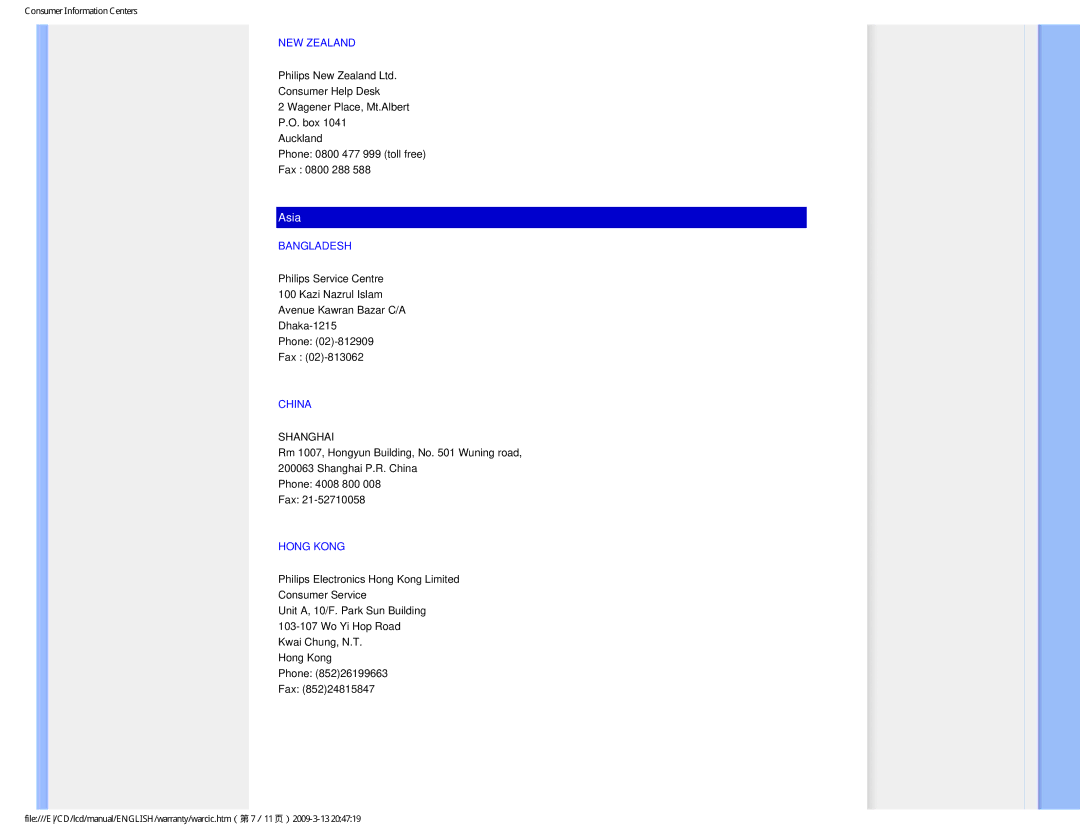 Philips 1.92E+03 user manual NEW Zealand, Bangladesh, China, Hong Kong 