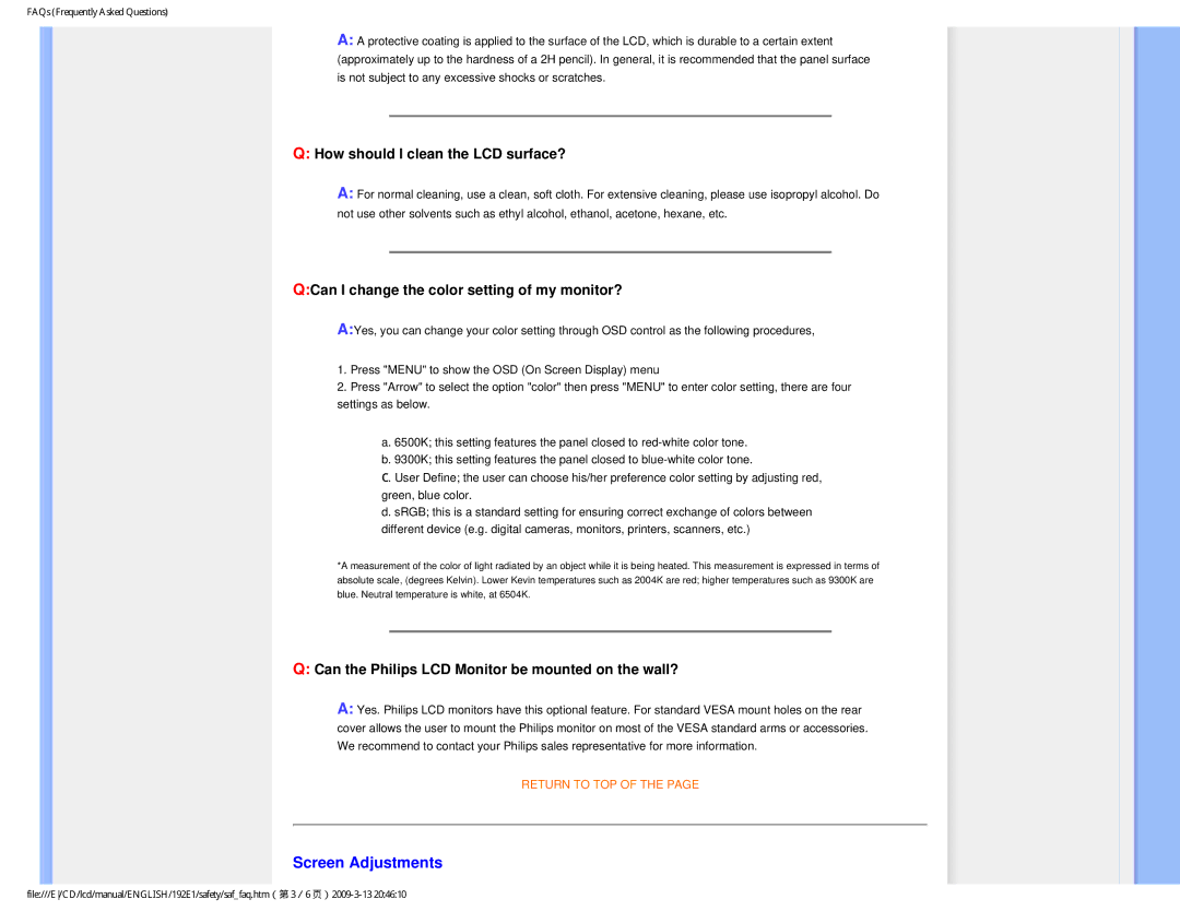 Philips 1.92E+03 Screen Adjustments, How should I clean the LCD surface?, QCan I change the color setting of my monitor? 