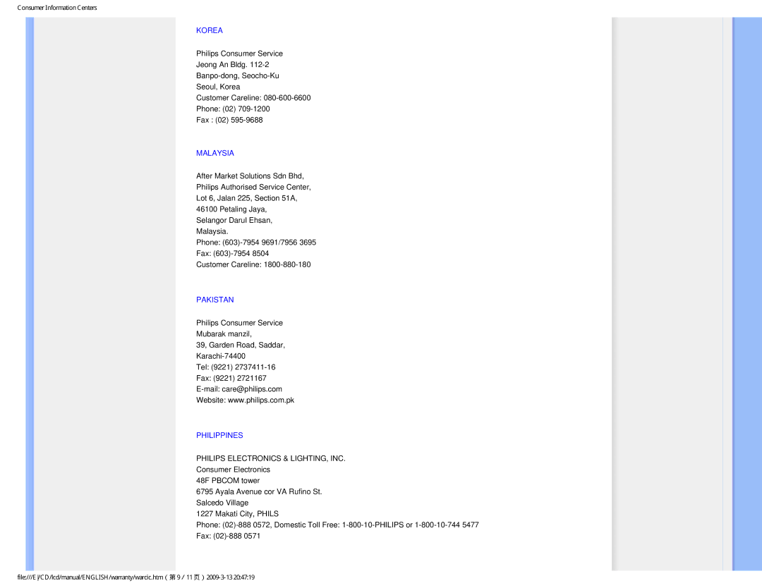 Philips 1.92E+03 user manual Korea, Malaysia, Pakistan, Philippines 