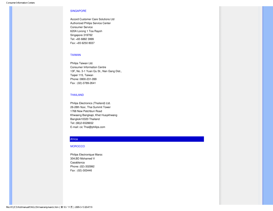 Philips 1.92E+03 user manual Singapore, Taiwan, Thailand, Morocco 