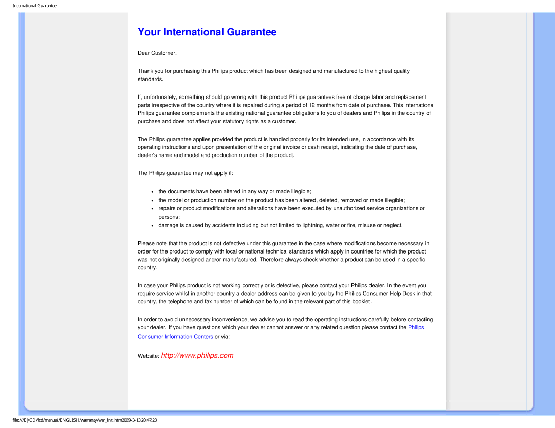 Philips 1.92E+03 user manual Your International Guarantee 