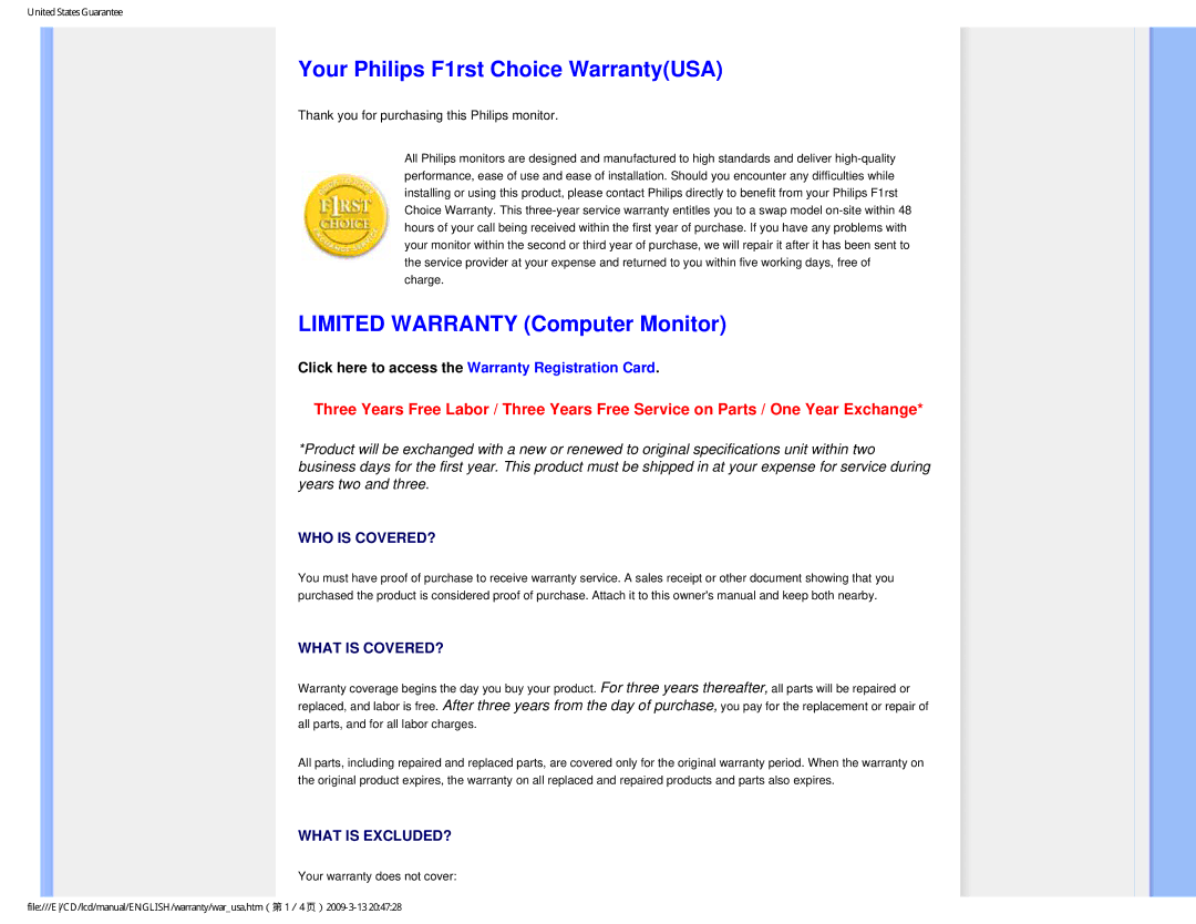 Philips 1.92E+03 user manual Your Philips F1rst Choice WarrantyUSA, Limited Warranty Computer Monitor 