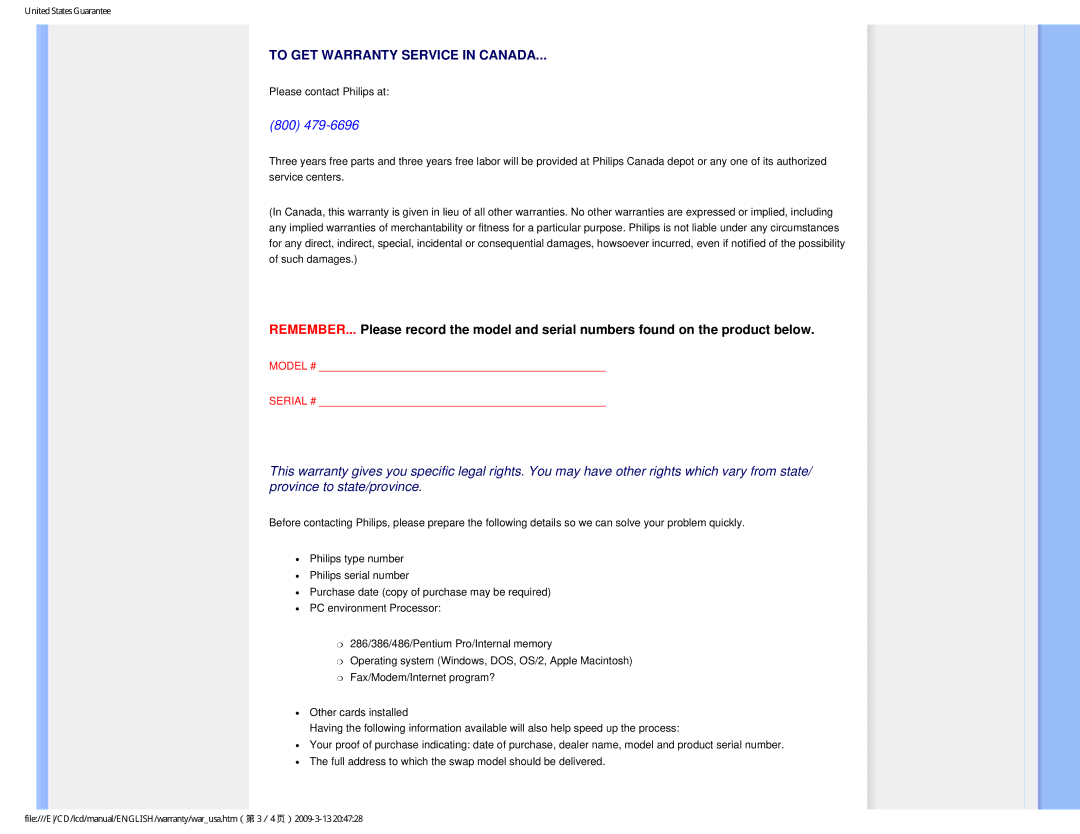 Philips 1.92E+03 user manual To GET Warranty Service in Canada 