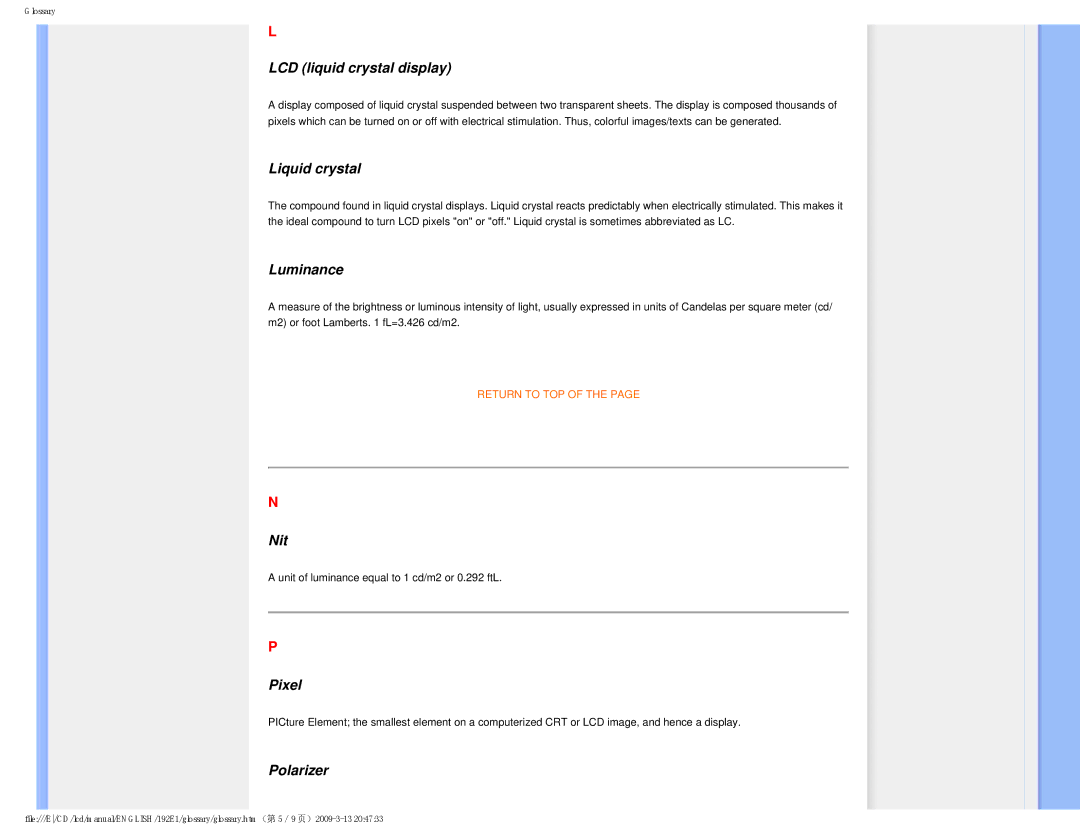 Philips 1.92E+03 user manual LCD liquid crystal display, Liquid crystal, Luminance, Nit, Pixel, Polarizer 