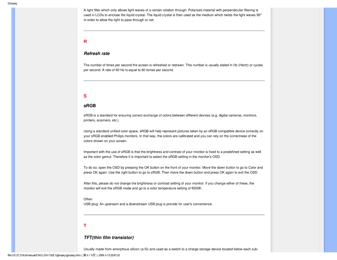 Philips 1.92E+03 user manual Refresh rate, TFTthin film transistor 