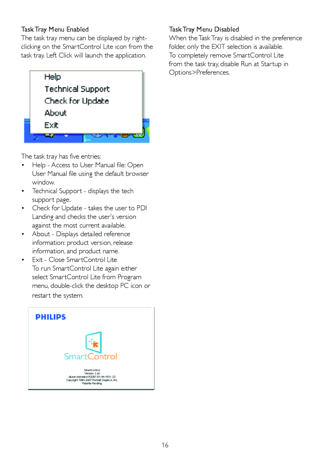 Philips 1.92E+04 manual Task Tray Menu Enabled, Exit Close SmartControl Lite, Task Tray Menu Disabled 