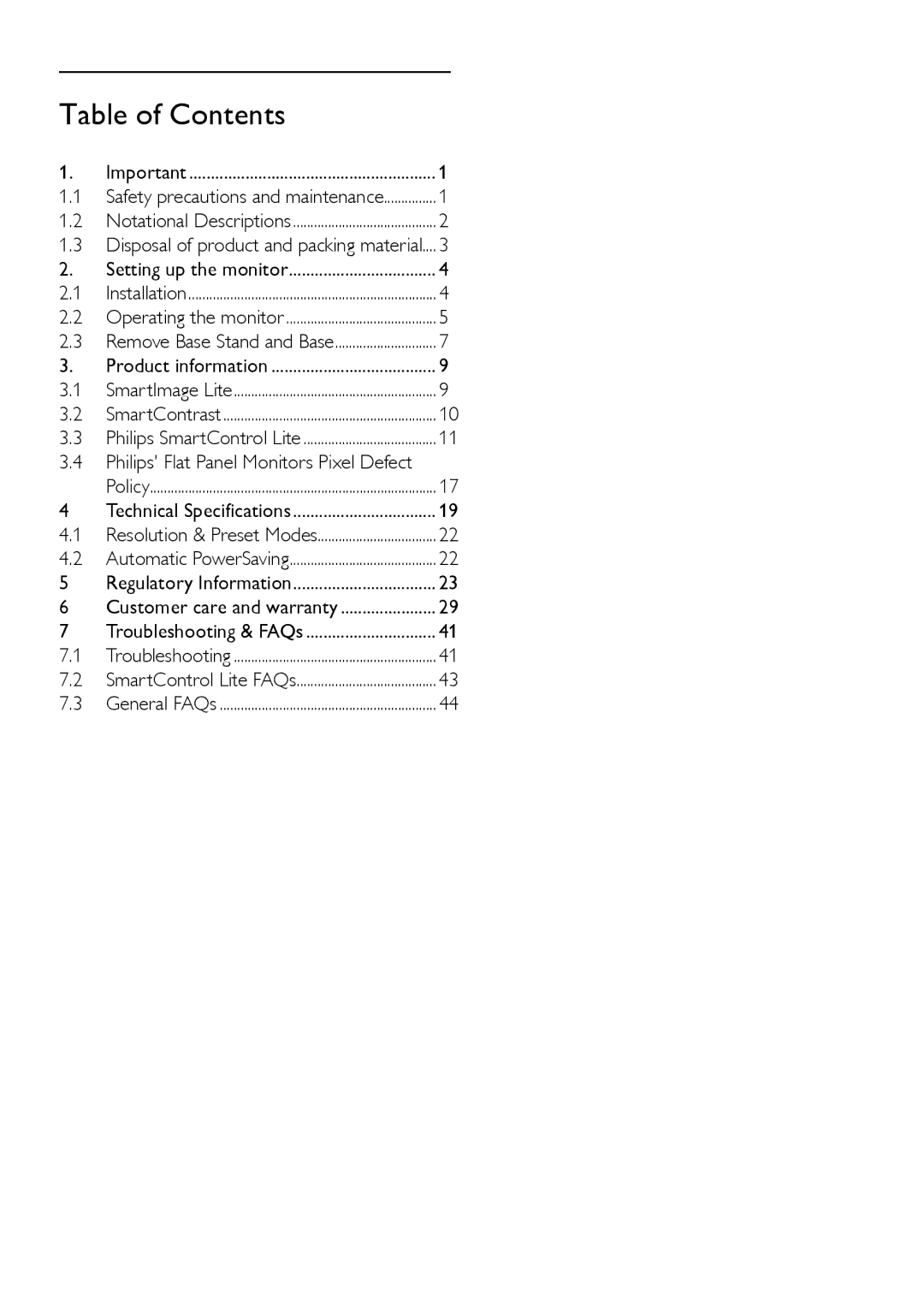 Philips 1.92E+04 manual Table of Contents 