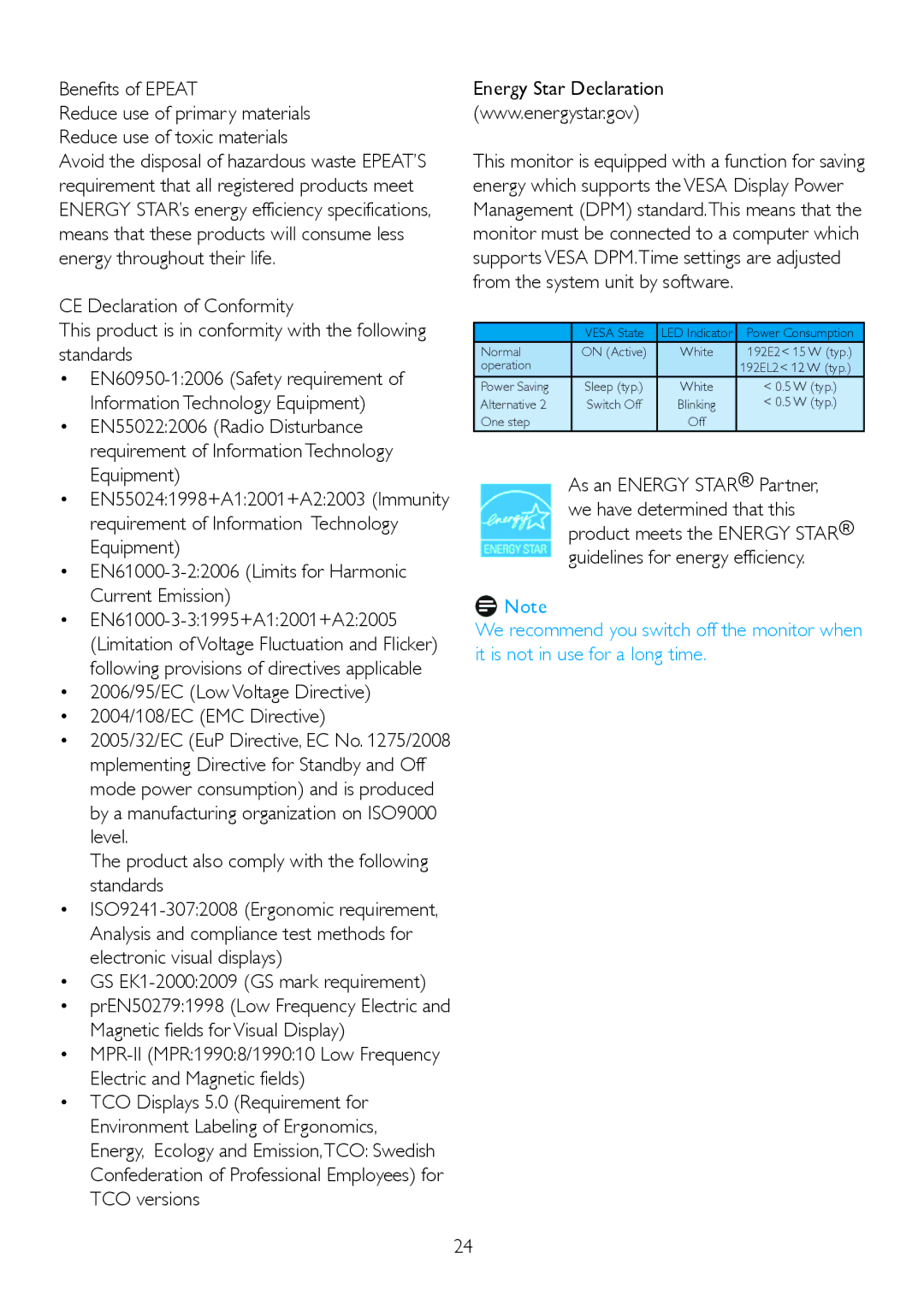 Philips 1.92E+04 manual Benefits of Epeat, 2006/95/EC Low Voltage Directive 2004/108/EC EMC Directive 