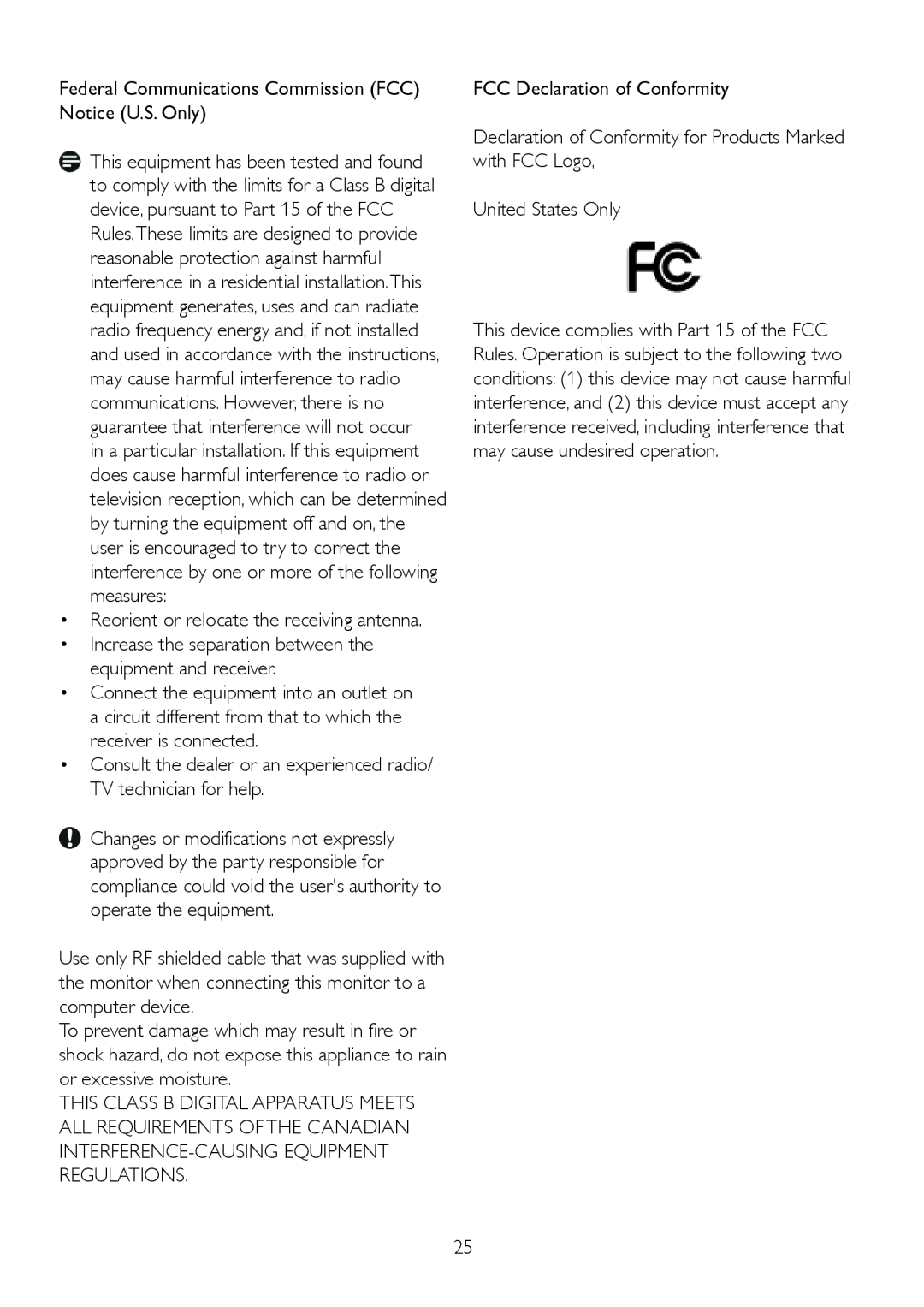 Philips 1.92E+04 manual Federal Communications Commission FCC Notice U.S. Only, Reorient or relocate the receiving antenna 