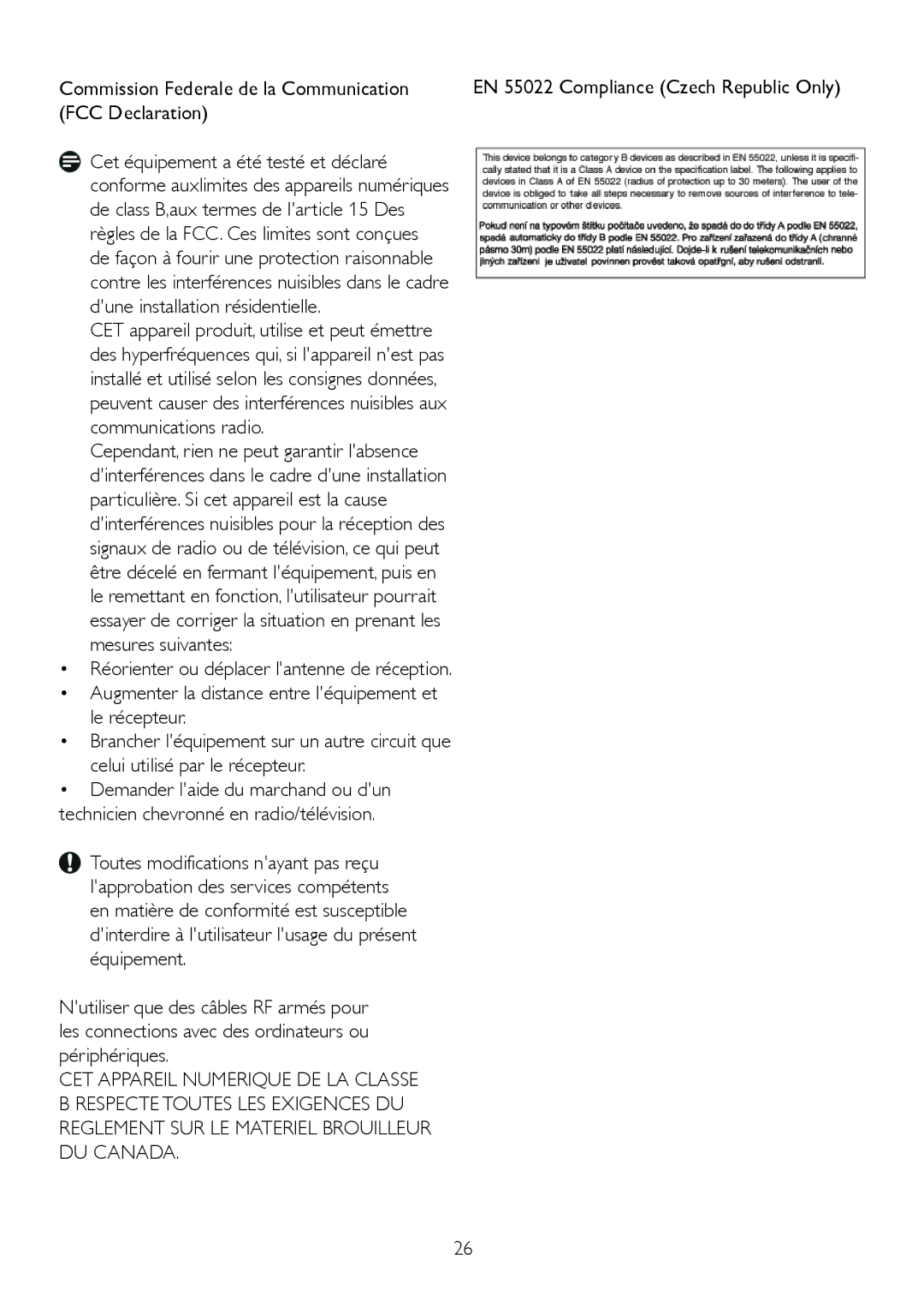 Philips 1.92E+04 manual Commission Federale de la Communication, FCC Declaration 