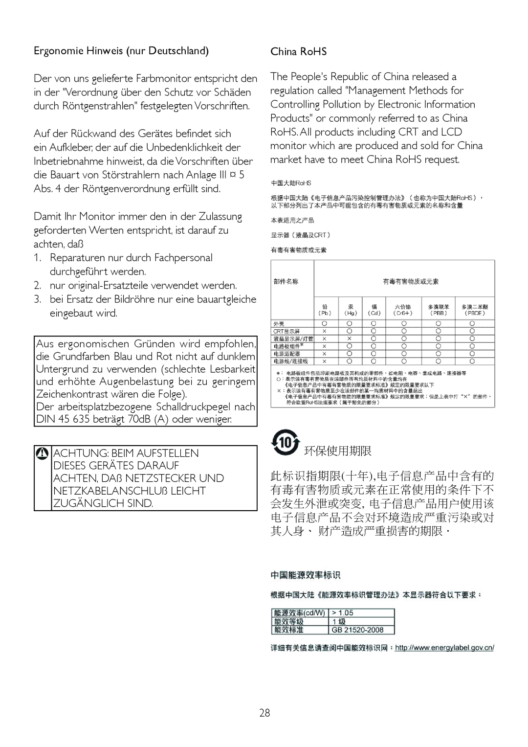 Philips 1.92E+04 manual Ergonomie Hinweis nur Deutschland, Achtung Beim Aufstellen 