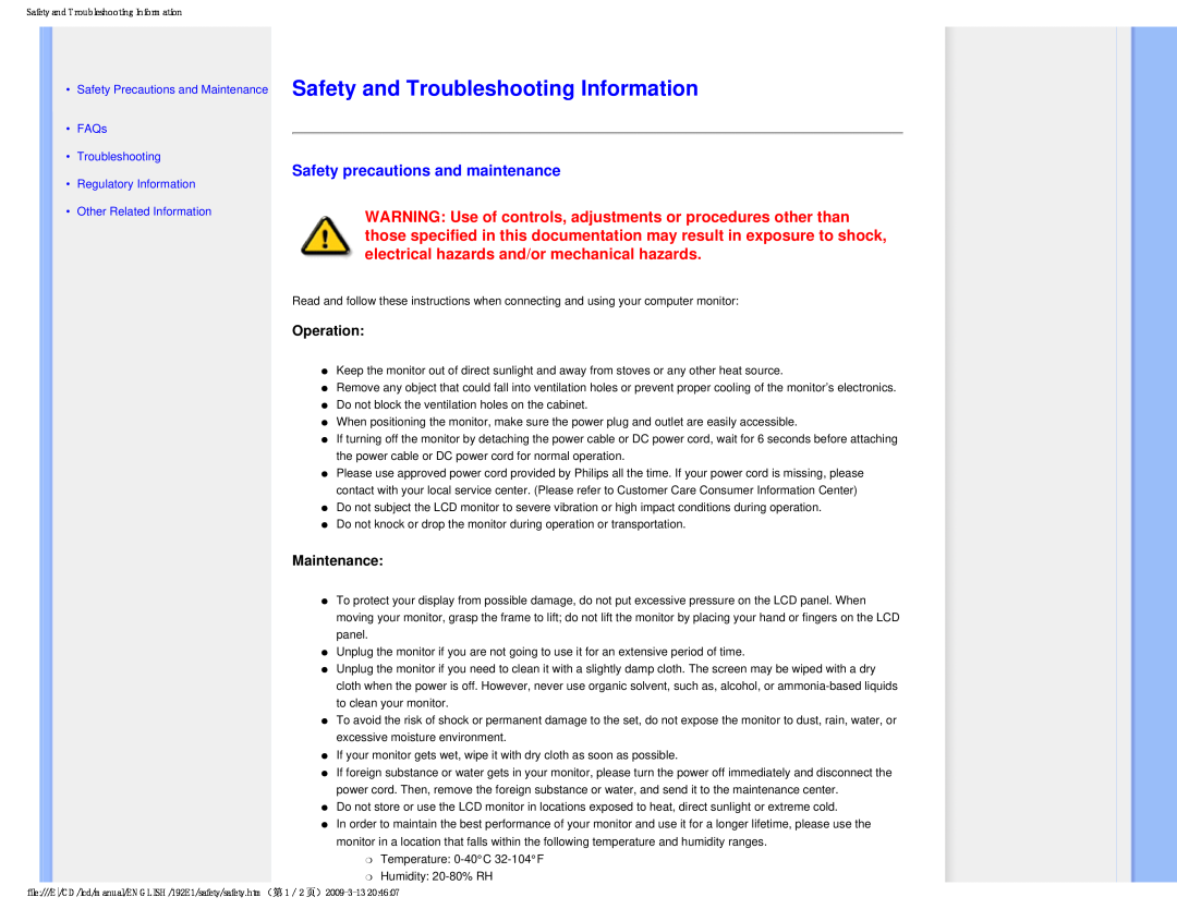Philips 192E1 Safety and Troubleshooting Information, Safety precautions and maintenance, Operation, Maintenance 