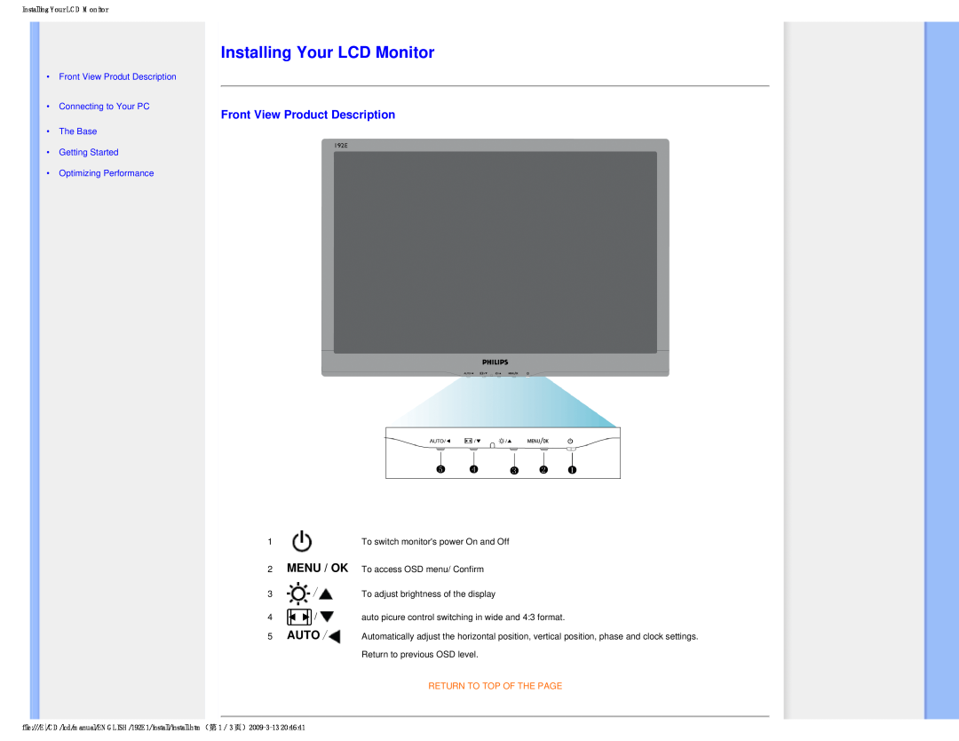 Philips 192E1SB/00 Installing Your LCD Monitor, Front View Product Description, Menu / Ok, Auto, Return To Top Of The Page 