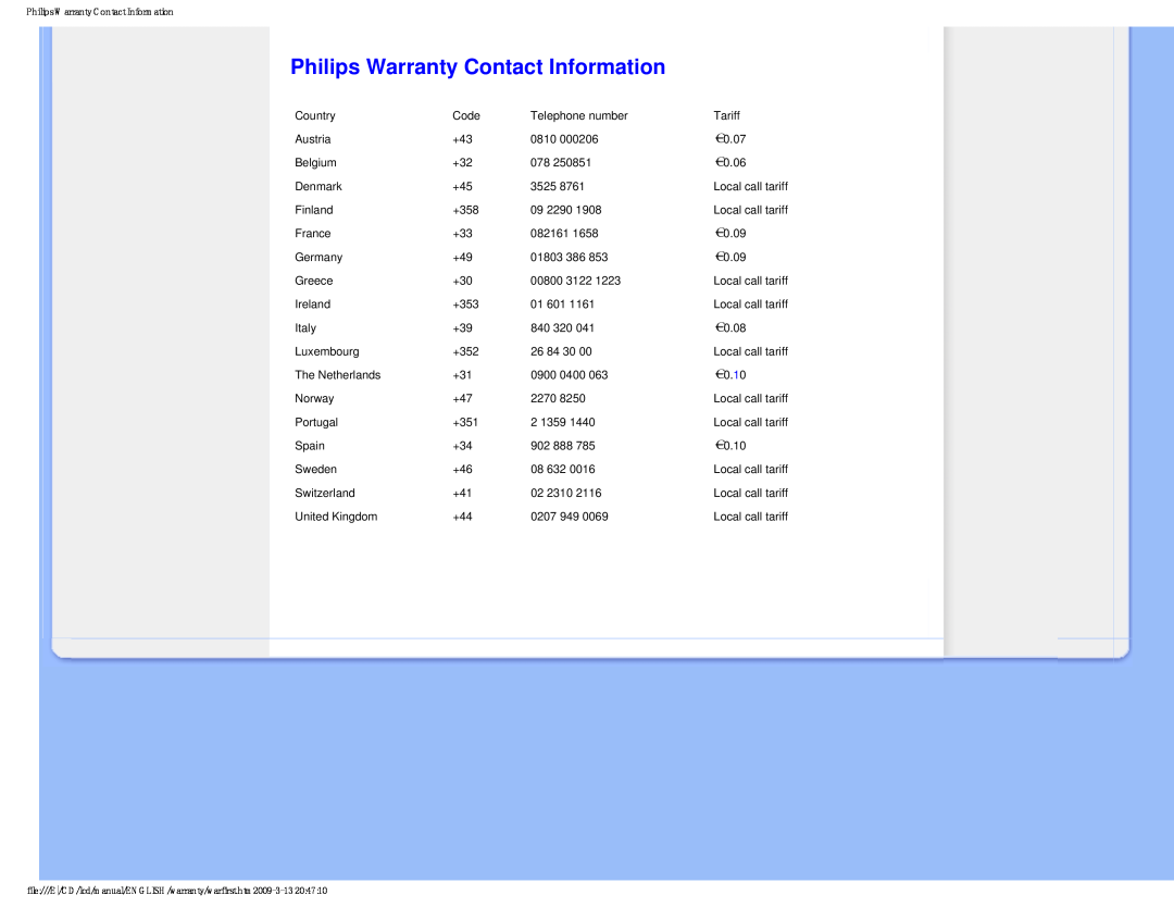 Philips 192E1 Philips Warranty Contact Information, file///E/CD/lcd/manual/ENGLISH/warranty/warfirst.htm2009-3-13 