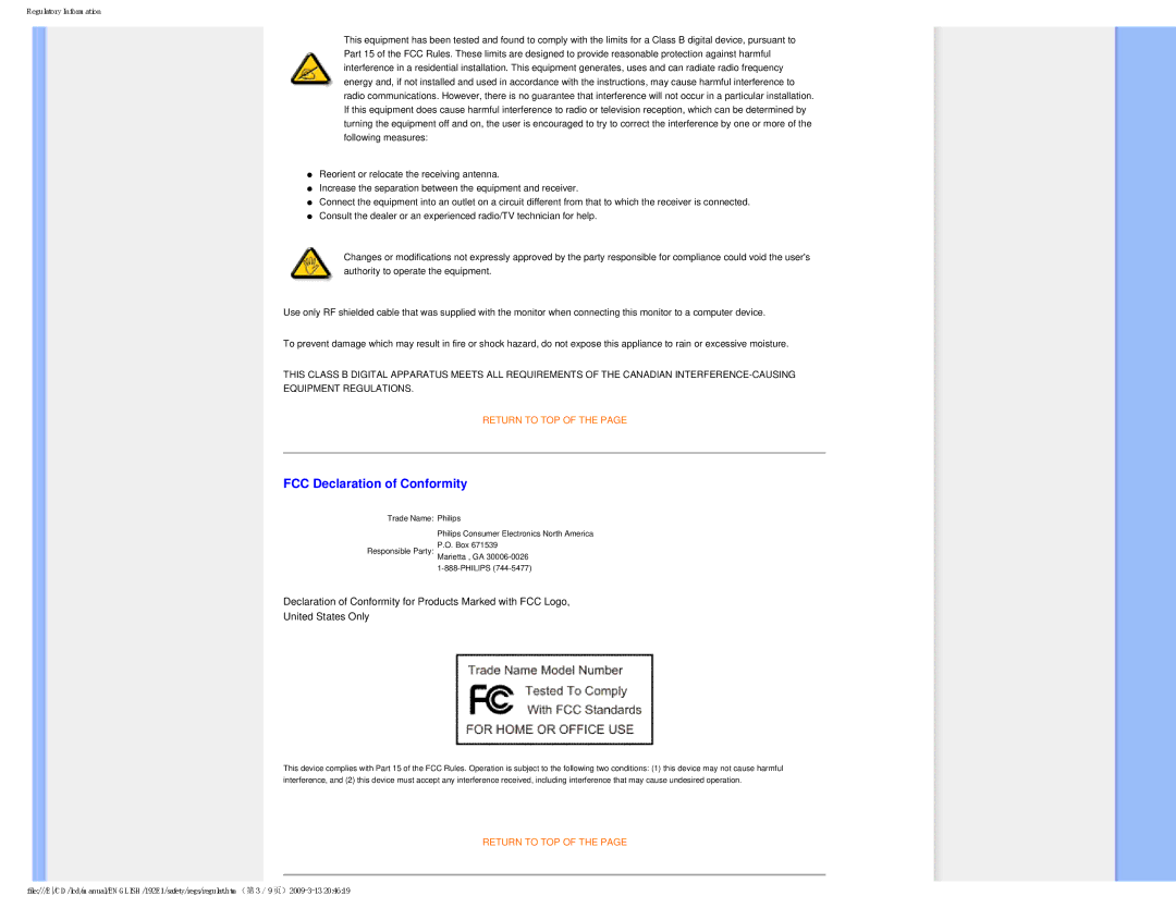 Philips 192E1SB/00 user manual FCC Declaration of Conformity 