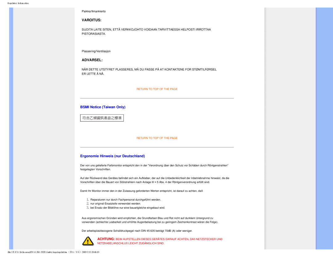 Philips 192E1SB/00 user manual Bsmi Notice Taiwan Only, Ergonomie Hinweis nur Deutschland 