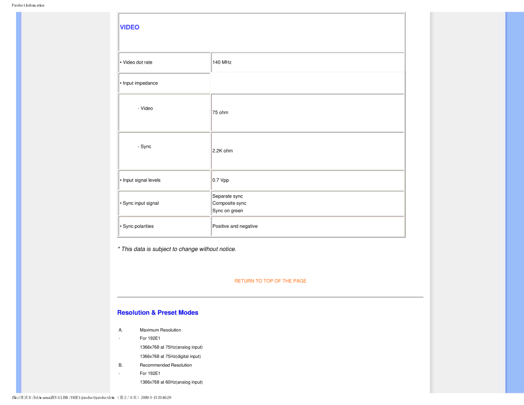 Philips 192E1SB/00 user manual Video, Resolution & Preset Modes 