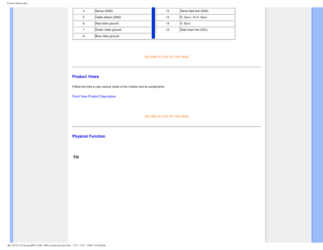 Philips 192E1SB/00 user manual Product Views, Physical Function, Tilt 