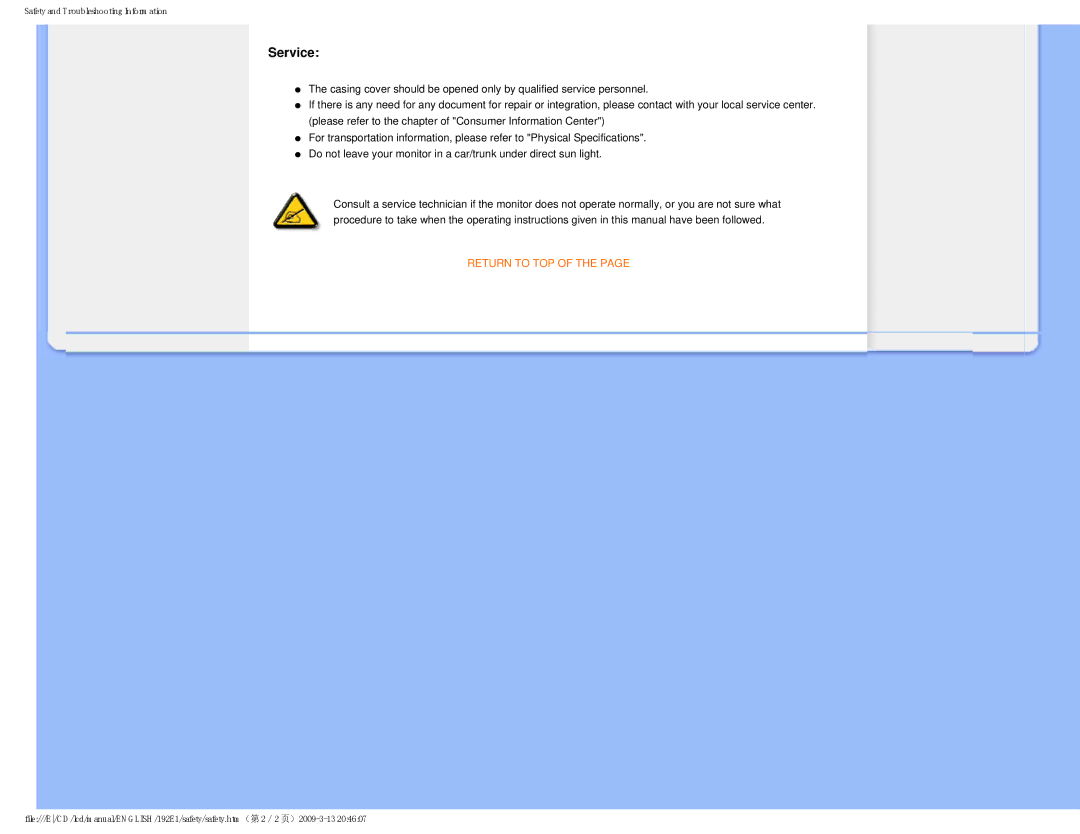 Philips 192E1SB/00 user manual Service, Return to TOP 