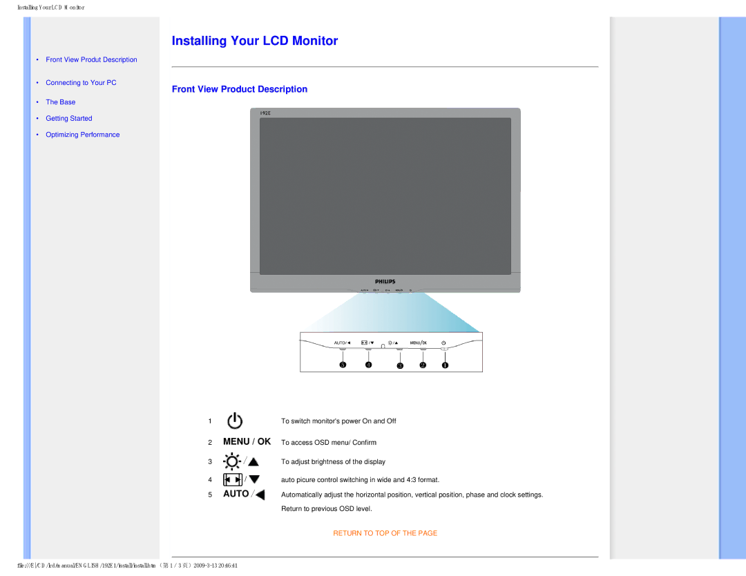 Philips 192E1SB/00 user manual Installing Your LCD Monitor, Front View Product Description 