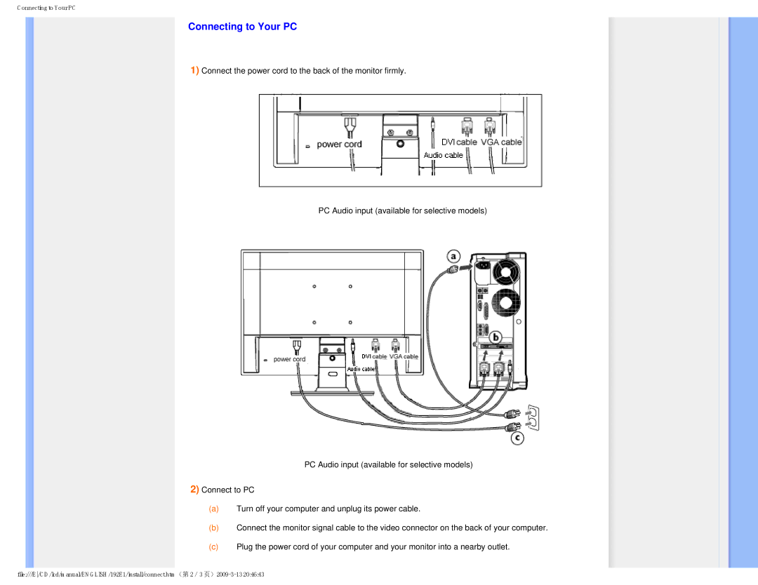 Philips 192E1SB/00 user manual Connecting to Your PC 