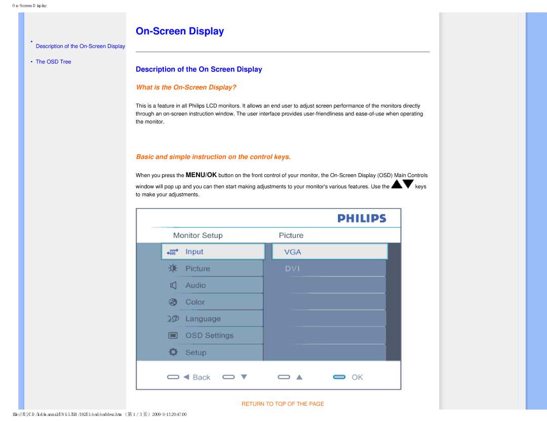 Philips 192E1SB/00 user manual On-Screen Display, Description of the On Screen Display 