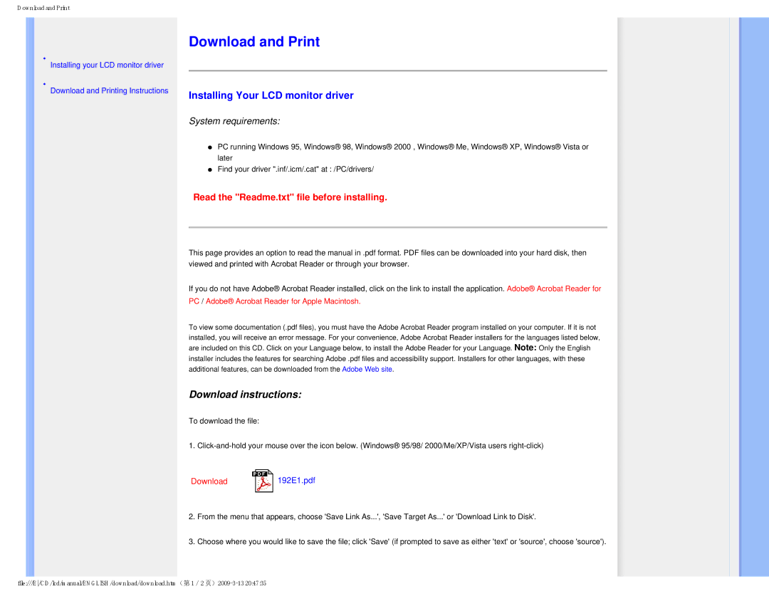 Philips 192E1SB/00 user manual Download and Print, Installing Your LCD monitor driver, Download instructions 