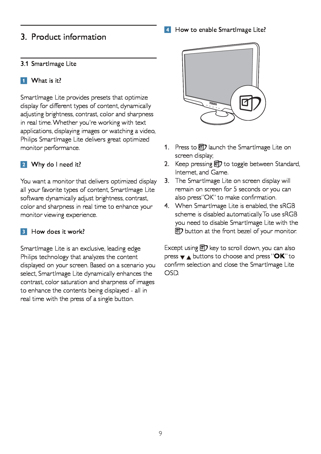 Philips 192E2SB2 user manual Product information, SmartImage Lite What is it?, Why do I need it?, How does it work? 