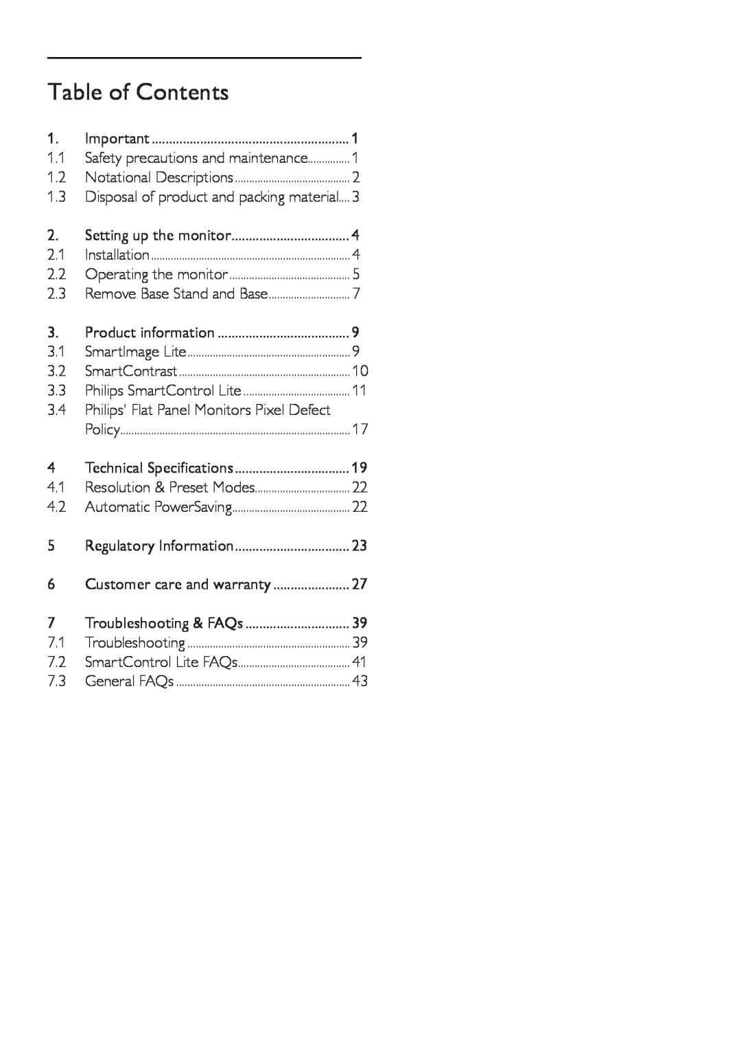 Philips 192E2SB2 user manual Table of Contents 