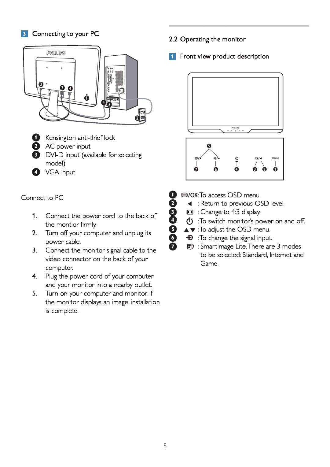 Philips 192E2SB2 user manual Connecting to your PC 2.2 Operating the monitor, Front view product description, Connect to PC 