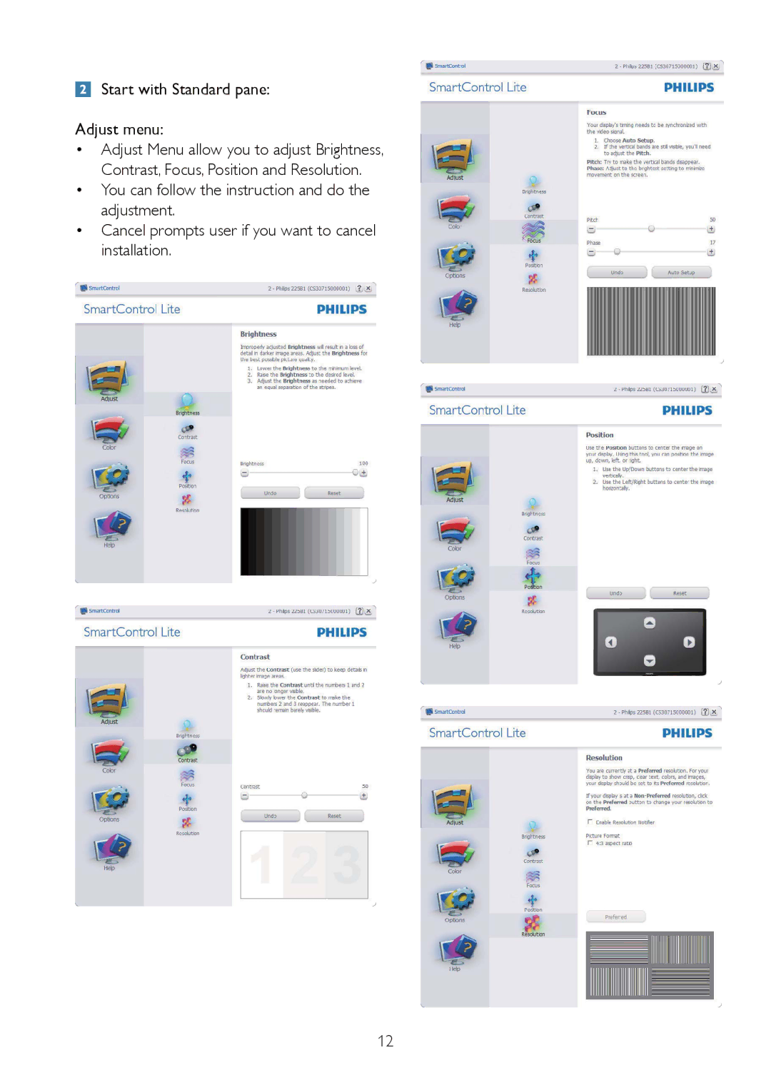 Philips 192E2SB2 user manual Start with Standard pane Adjust menu 