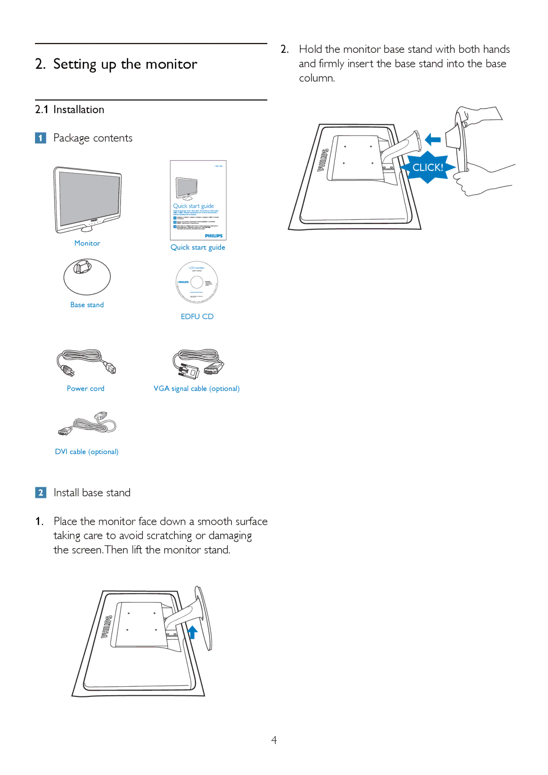 Philips 192E2SB2 user manual Setting up the monitor, Installation Package contents, Install base stand 