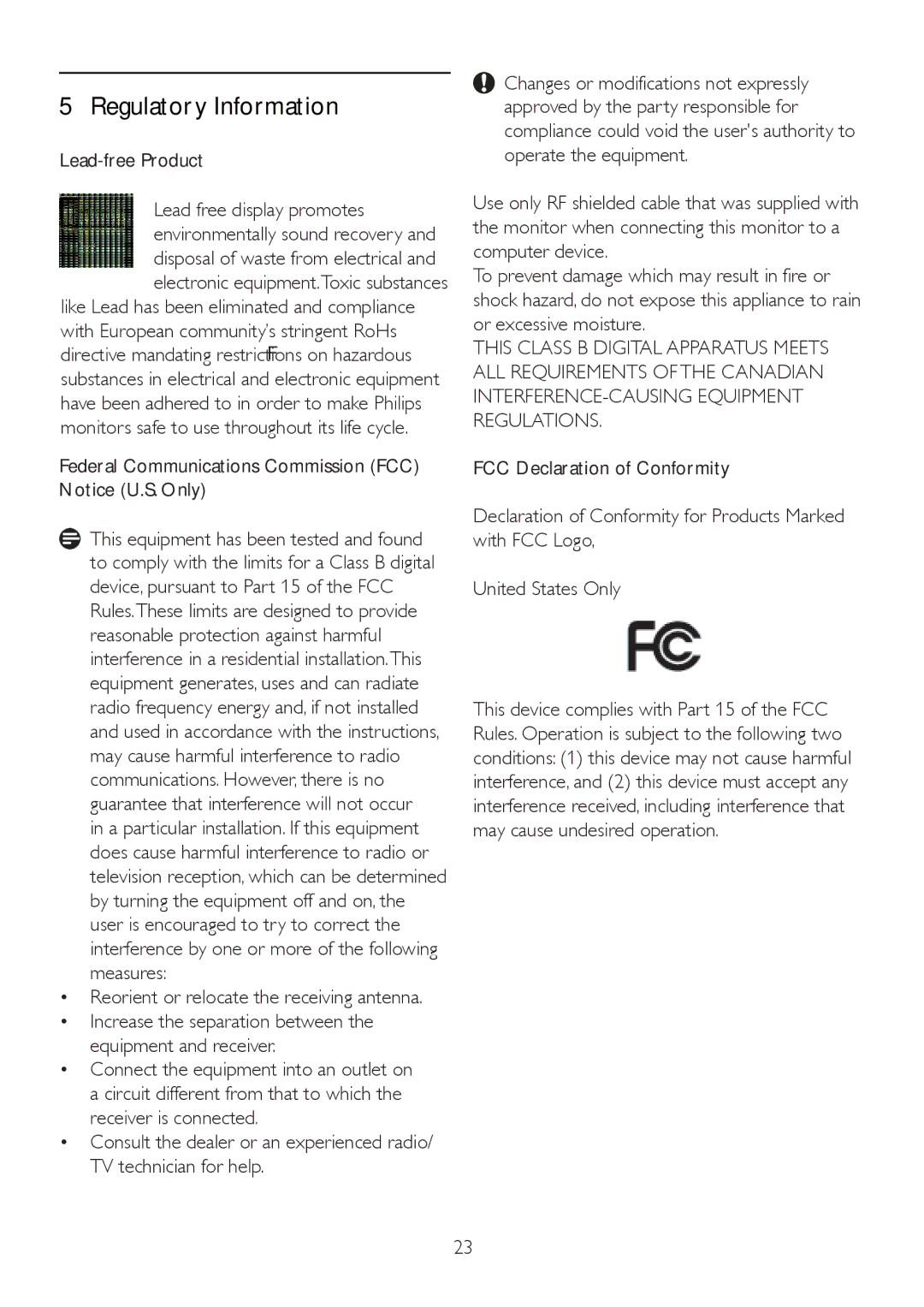 Philips 192E2SB2 Regulatory Information, Lead-free Product, Federal Communications Commission FCC Notice U.S. Only 