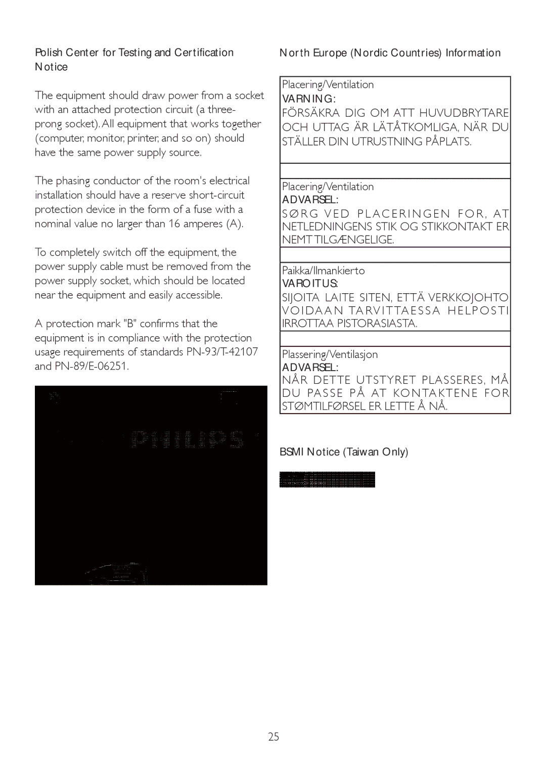 Philips 192E2SB2 Polish Center for Testing and Certification Notice, Paikka/Ilmankierto, Varoitus, Plassering/Ventilasjon 