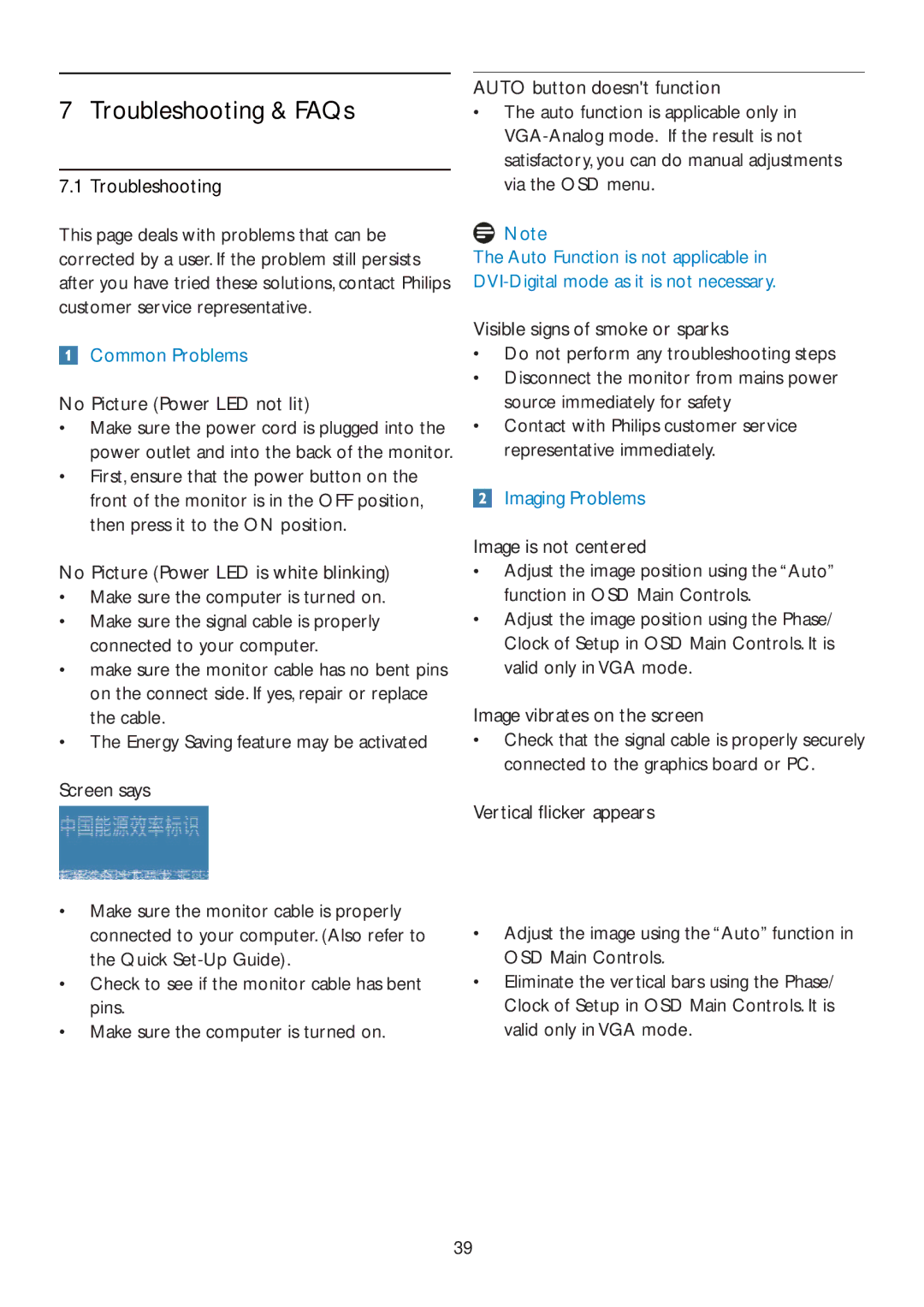 Philips 192E2SB2 user manual Troubleshooting & FAQs, No Picture Power LED not lit, Screen says 