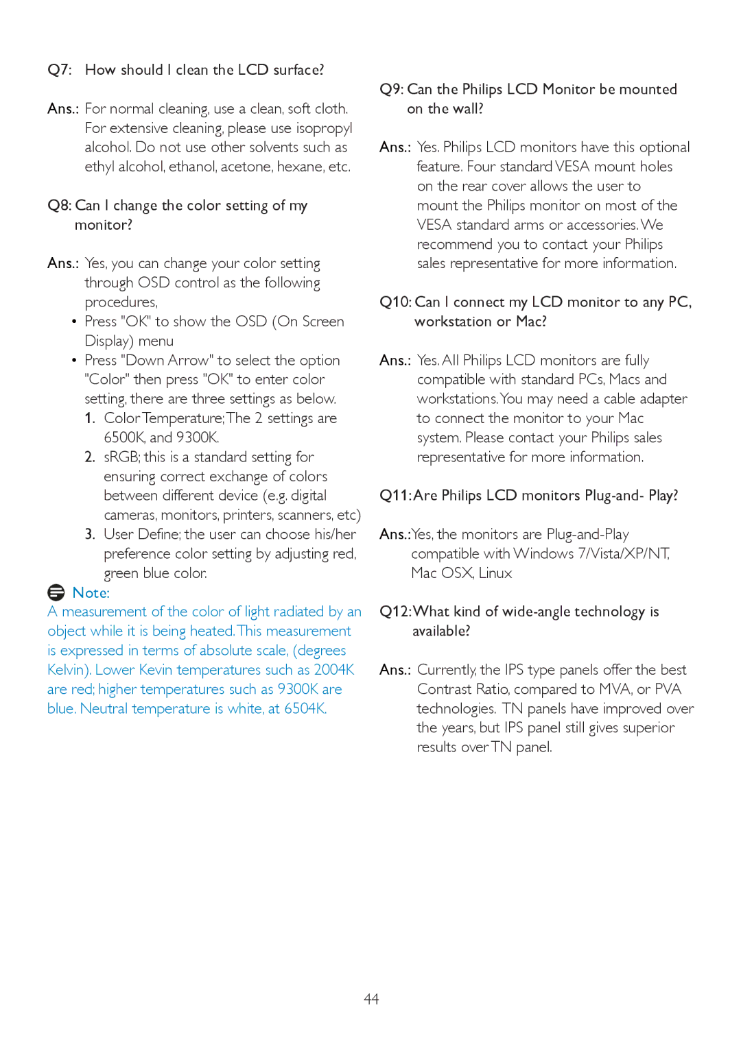 Philips 192E2SB2 user manual Q7 How should I clean the LCD surface?, Color TemperatureThe 2 settings are 6500K, and 9300K 