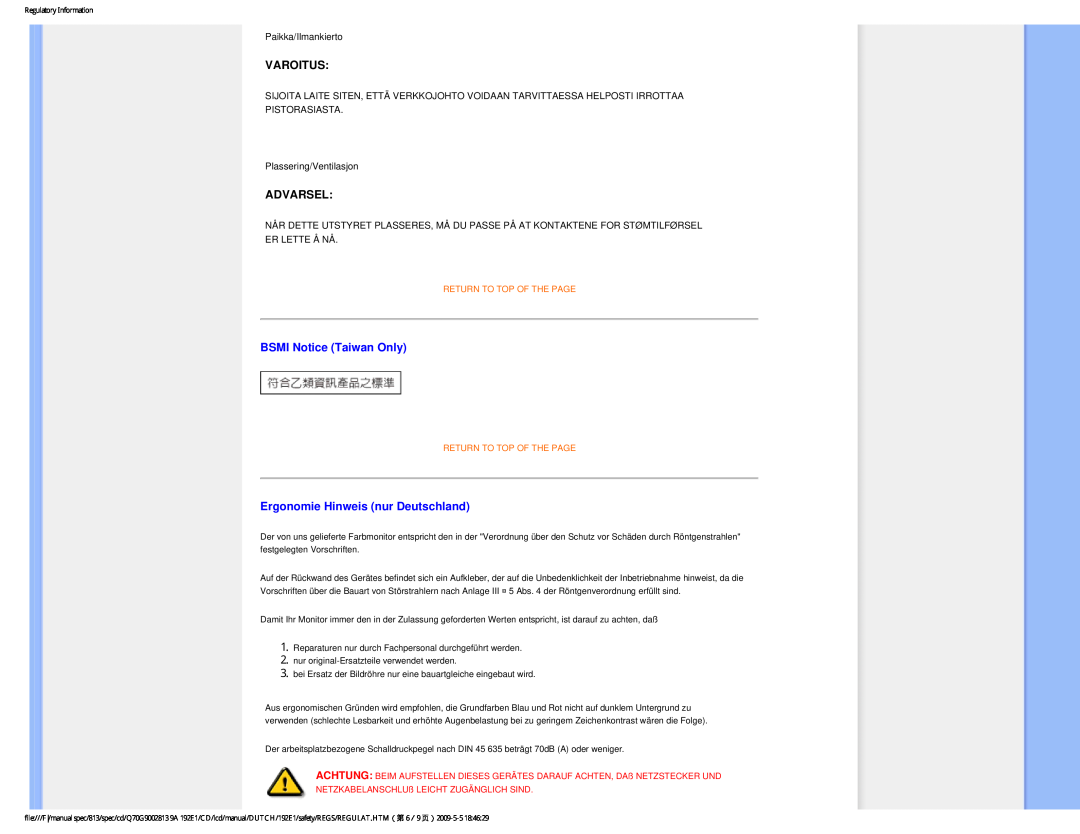 Philips 192EI Varoitus, Advarsel, BSMI Notice Taiwan Only, Ergonomie Hinweis nur Deutschland, Return To Top Of The Page 