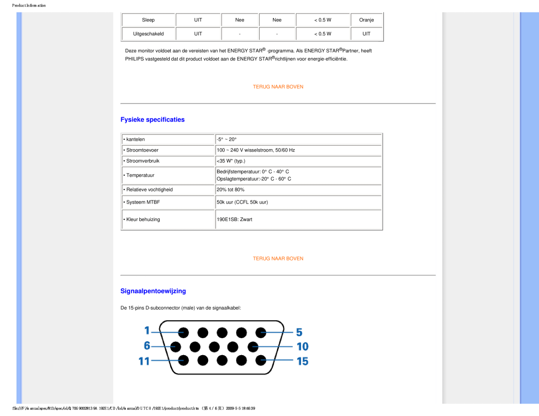 Philips 192EI user manual Fysieke specificaties, Signaalpentoewijzing, Terug Naar Boven 