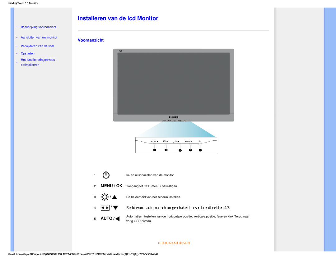 Philips 192EI user manual Installeren van de lcd Monitor, Vooraanzicht, Menu / Ok, Auto, Verwijderen van de voet Opstarten 