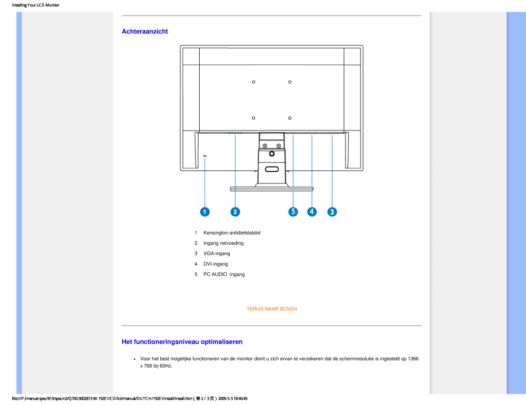Philips 192EI user manual Achteraanzicht, Het functioneringsniveau optimaliseren, Terug Naar Boven 