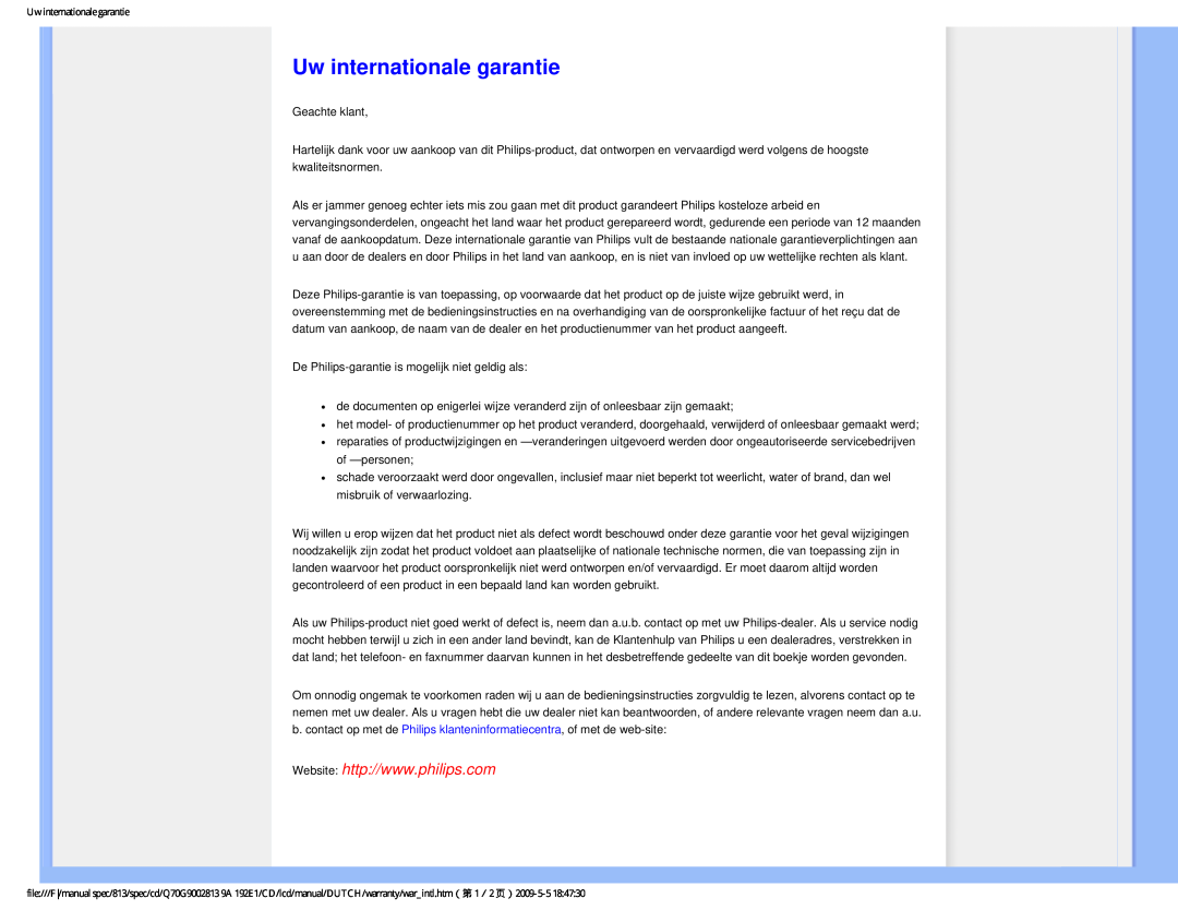 Philips 192EI user manual Uw internationale garantie 