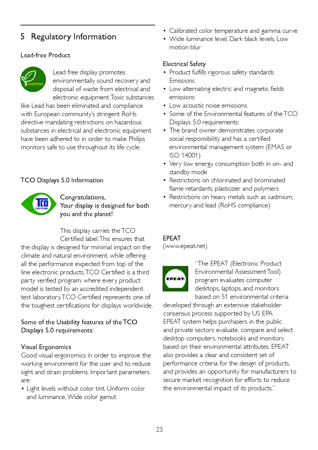 Philips 1.92E+04, 192EL2 user manual Lead-free Product, Epeat Electronic Product 