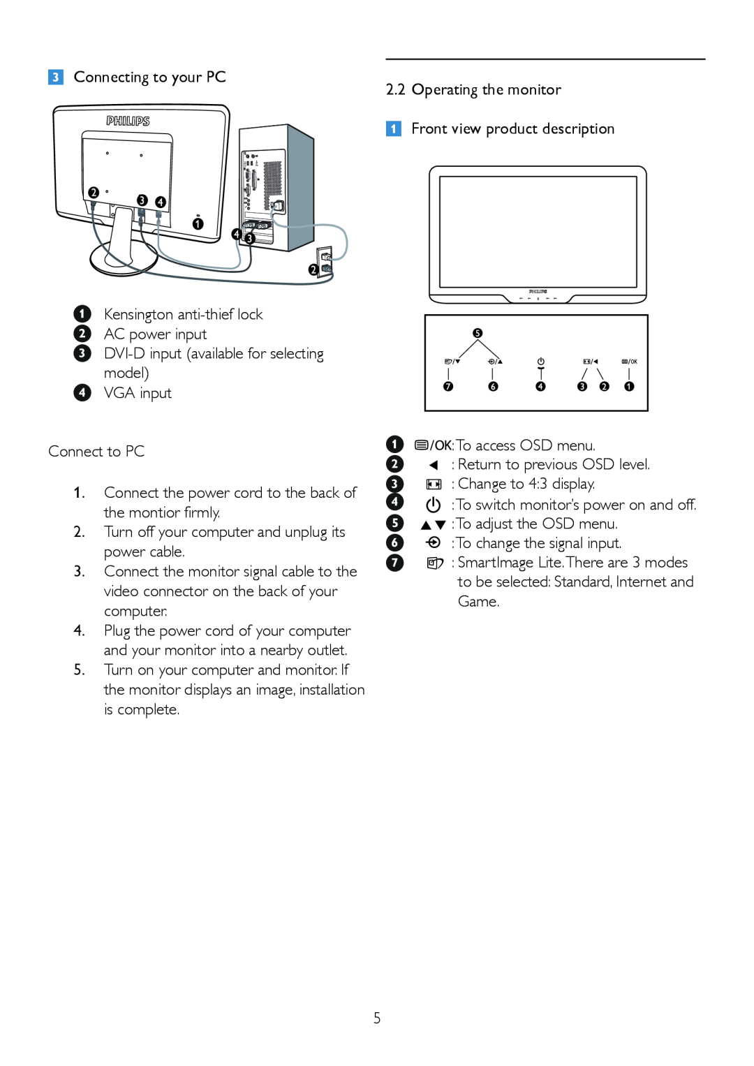Philips 192EL2SB, 192E2 user manual Connecting to your PC 2.2 Operating the monitor 