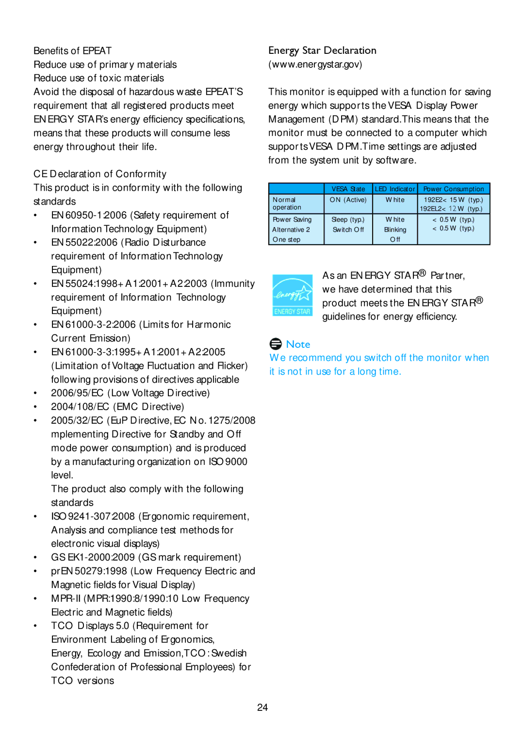 Philips 192E2, 192EL2SB user manual Benefits of Epeat, 2006/95/EC Low Voltage Directive 2004/108/EC EMC Directive 