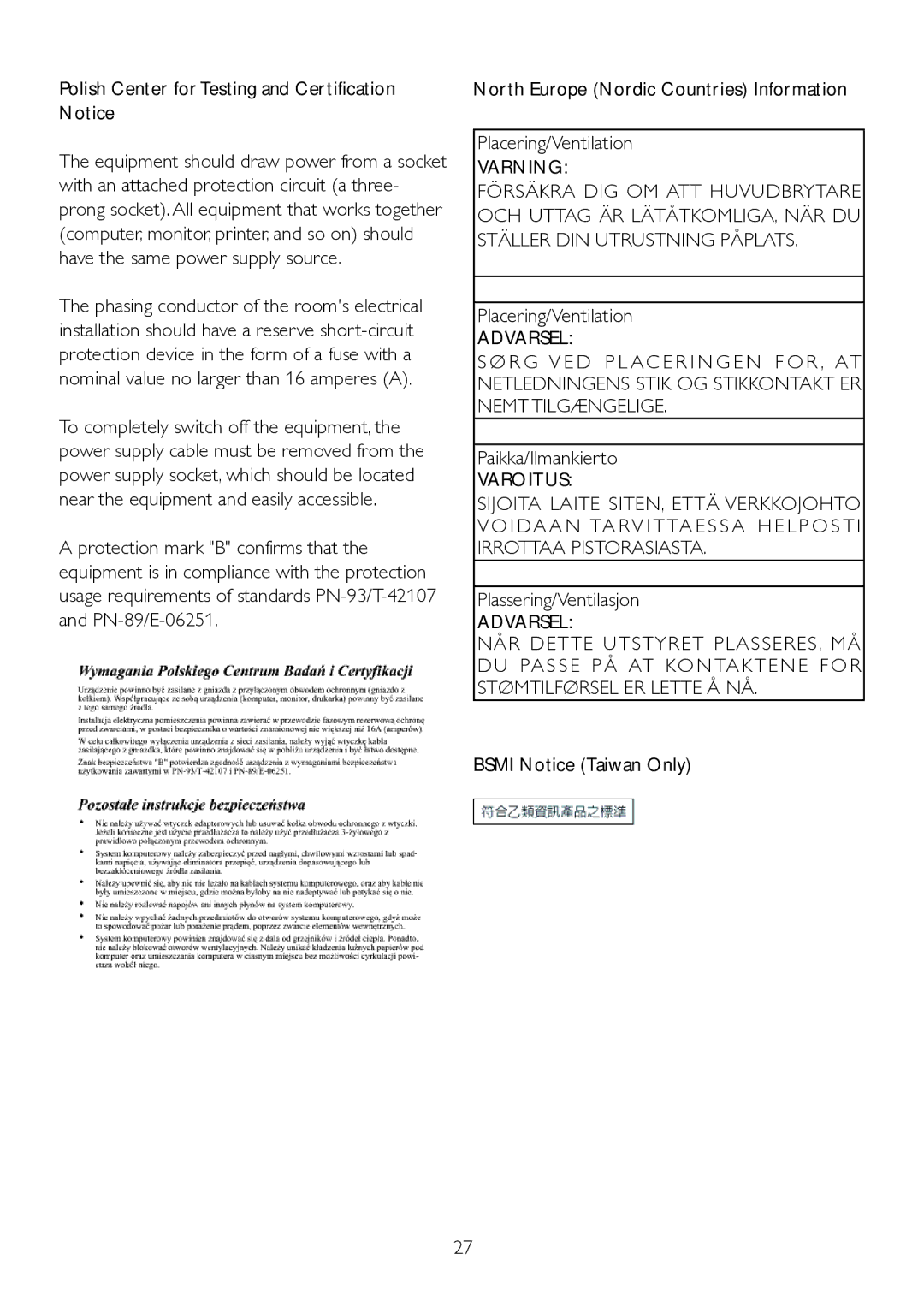 Philips 192E2 Polish Center for Testing and Certification Notice, Paikka/Ilmankierto, Varoitus, Plassering/Ventilasjon 