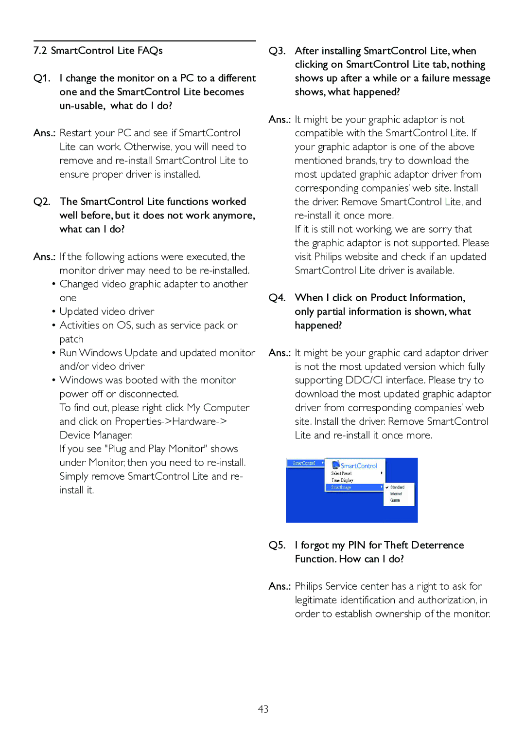 Philips 192EL2SB, 192E2 user manual SmartControl Lite FAQs 