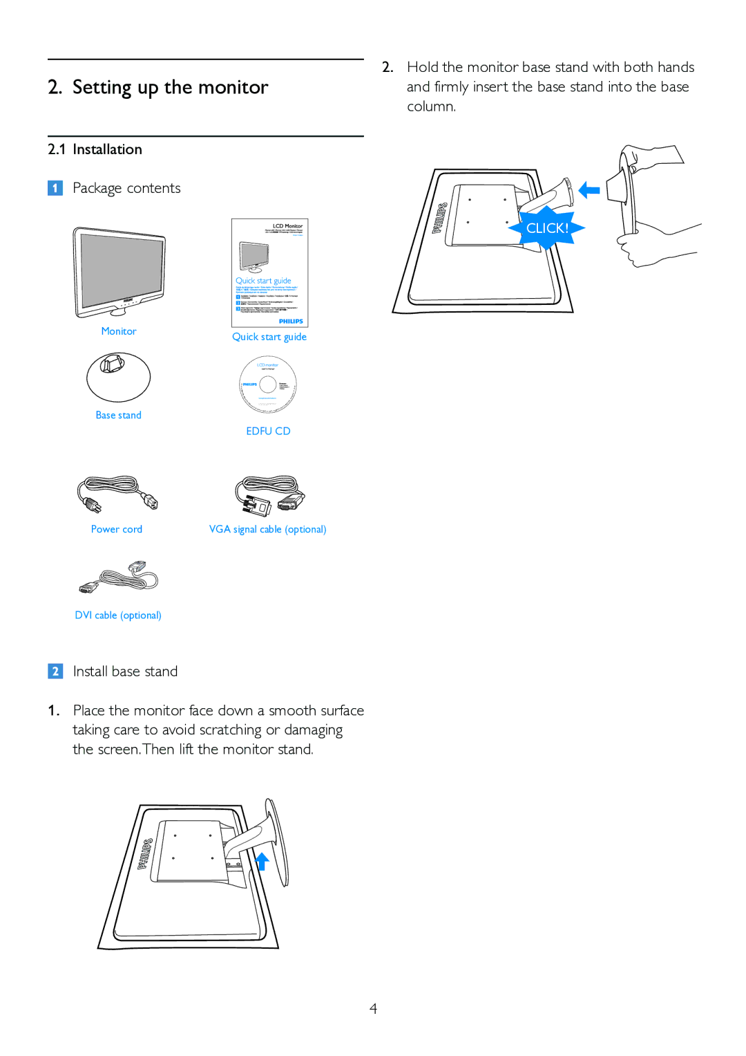 Philips 192EL2SB, 192E2 user manual Installation Package contents, Install base stand 