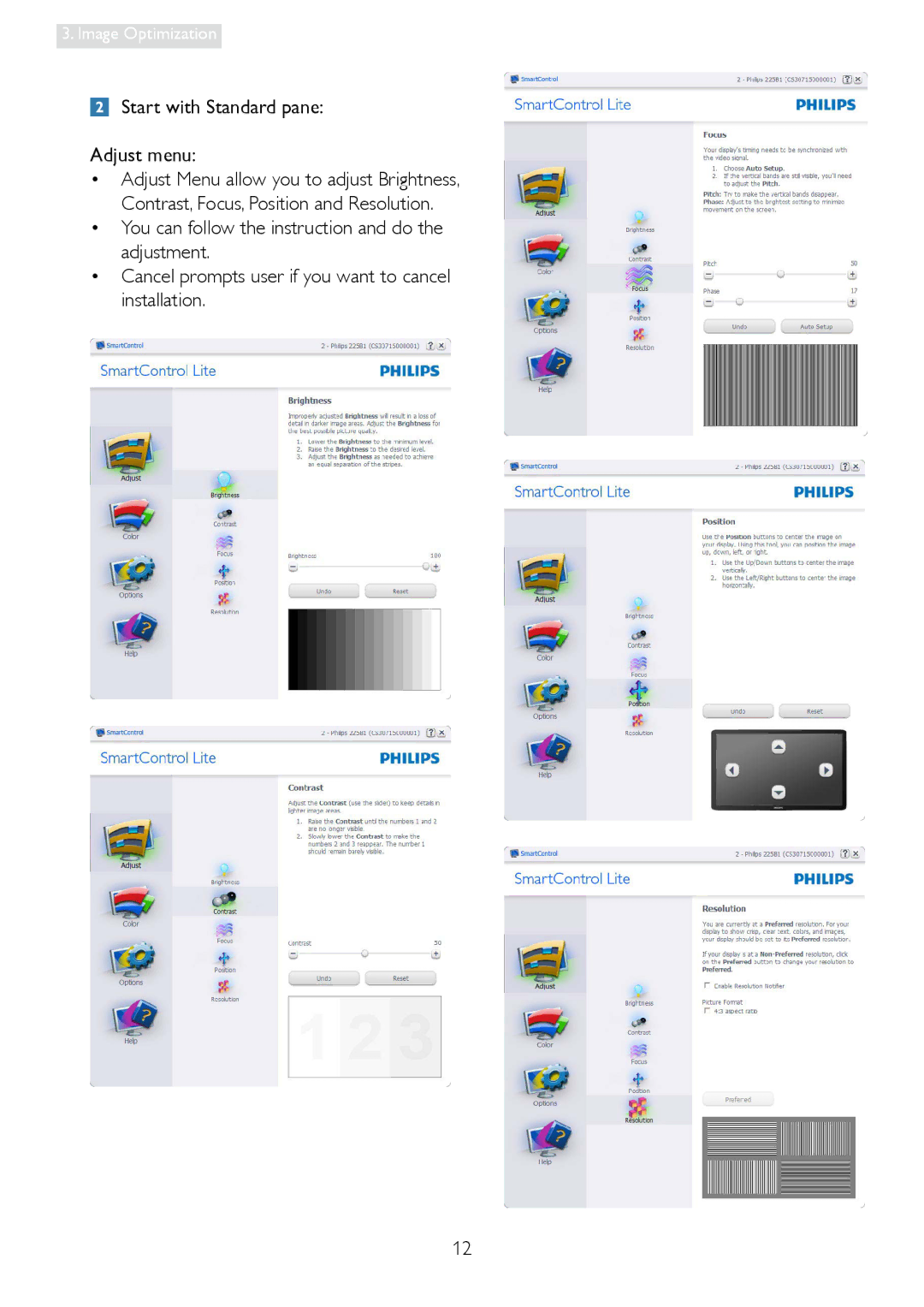 Philips 196E3L user manual Start with Standard pane Adjust menu 