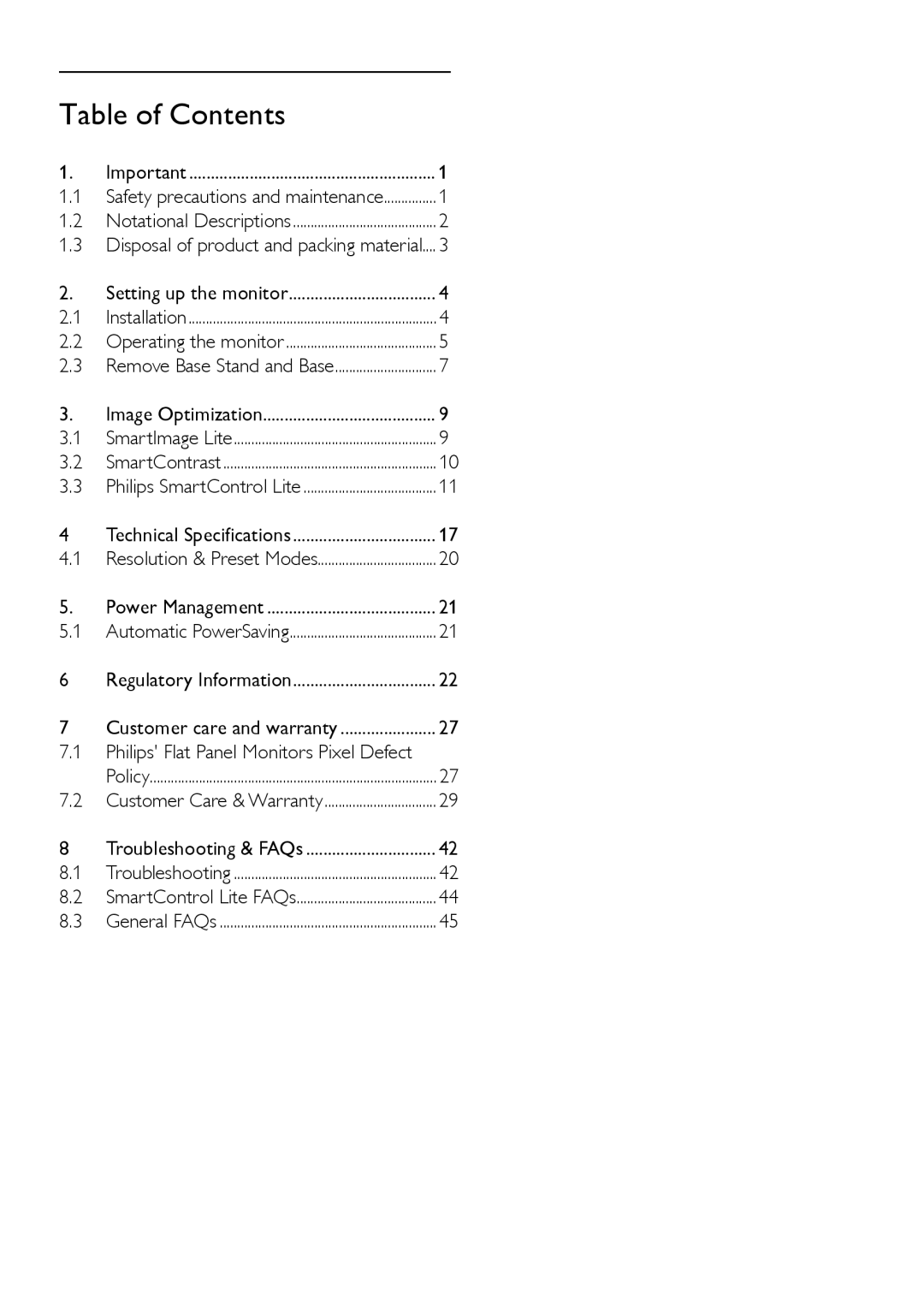 Philips 196E3L user manual Table of Contents 